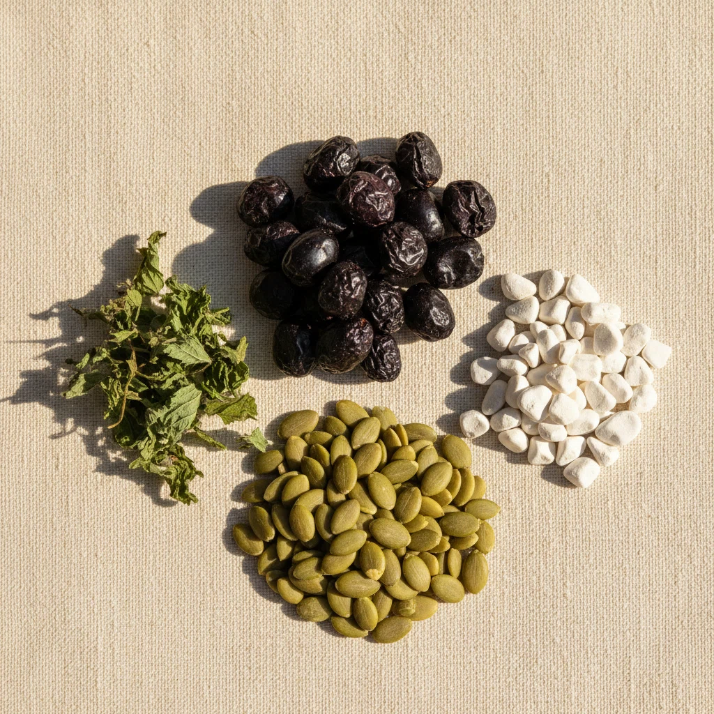 Saw palmetto berries, nettle leaves and zinc tablets - plant-based supplement ingredients