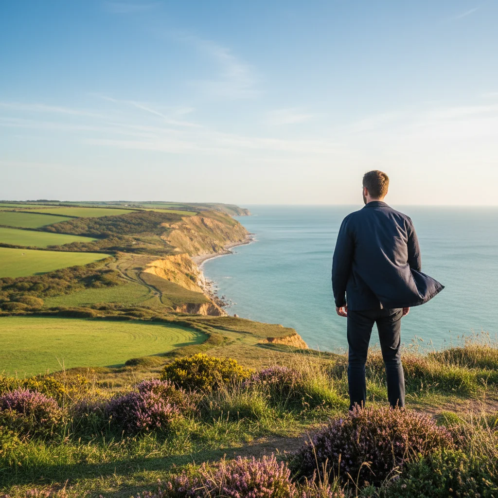 Man looking out over a British coastal landscape, active lifestyle