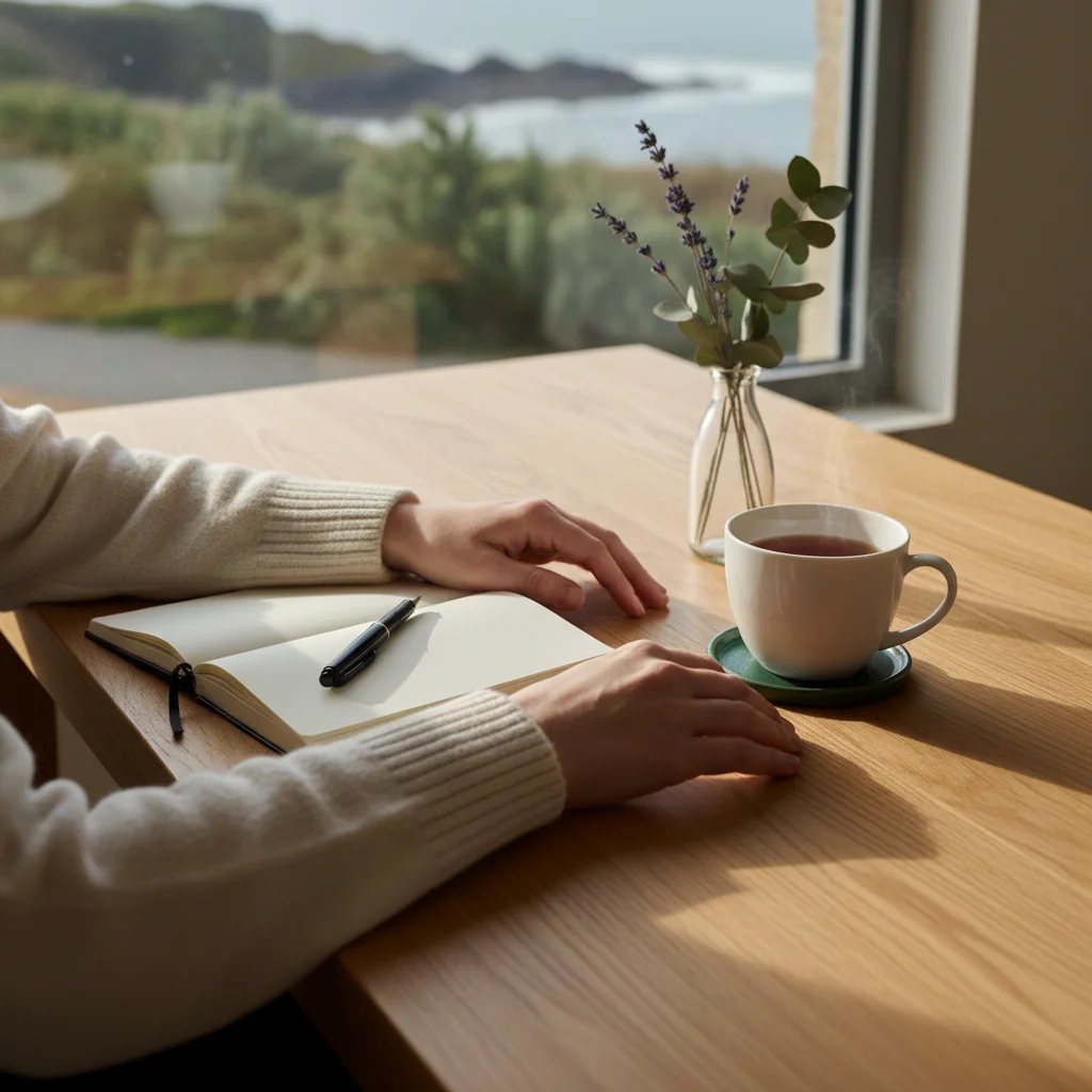 Hands on a desk with notebook and tea - calm editorial workspace