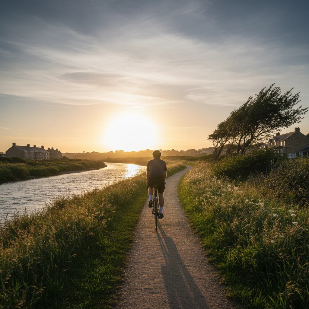 Man cycling along a riverside path - active lifestyle, men's wellness over 50
